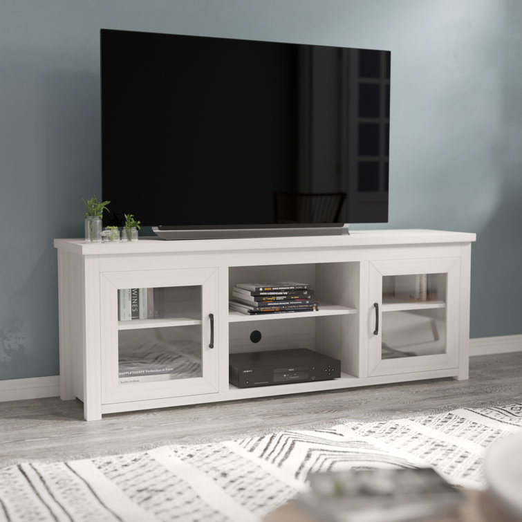 Modern White Wash 65" Engineered Wood TV Stand with Glass Doors