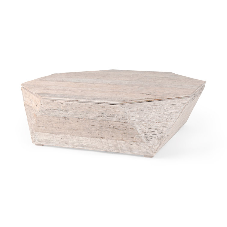 Octagonal Reclaimed Wood Whitewashed Coffee Table with Storage