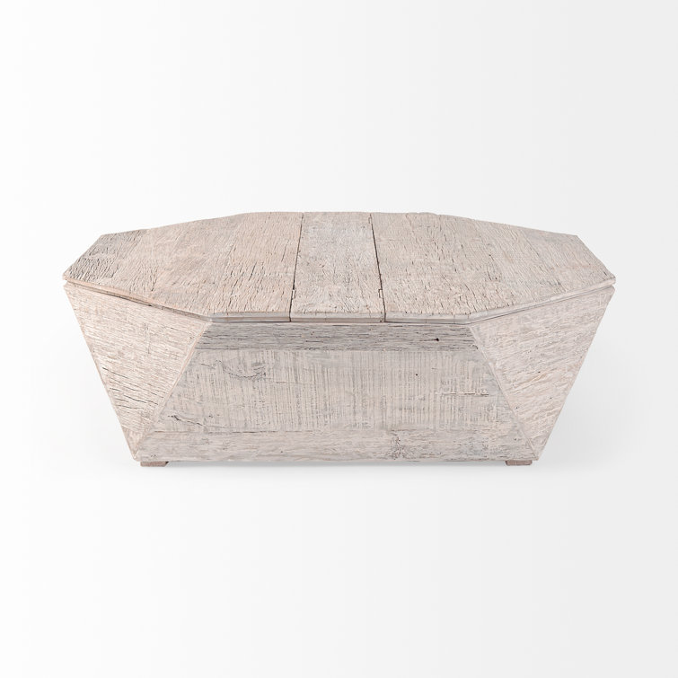 Octagonal Reclaimed Wood Whitewashed Coffee Table with Storage