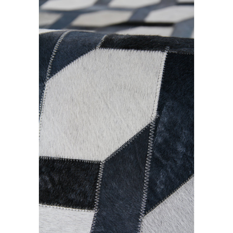Handmade Blue and White Geometric Cowhide Rectangular Rug