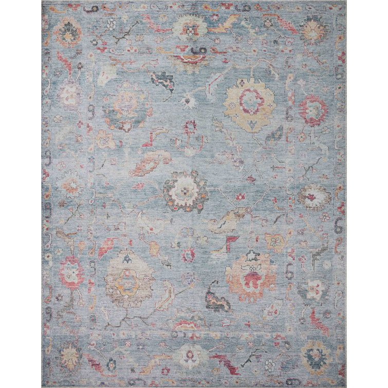 Blue Floral Oriental Synthetic Easy Care Rug 3'6" x 5'6"