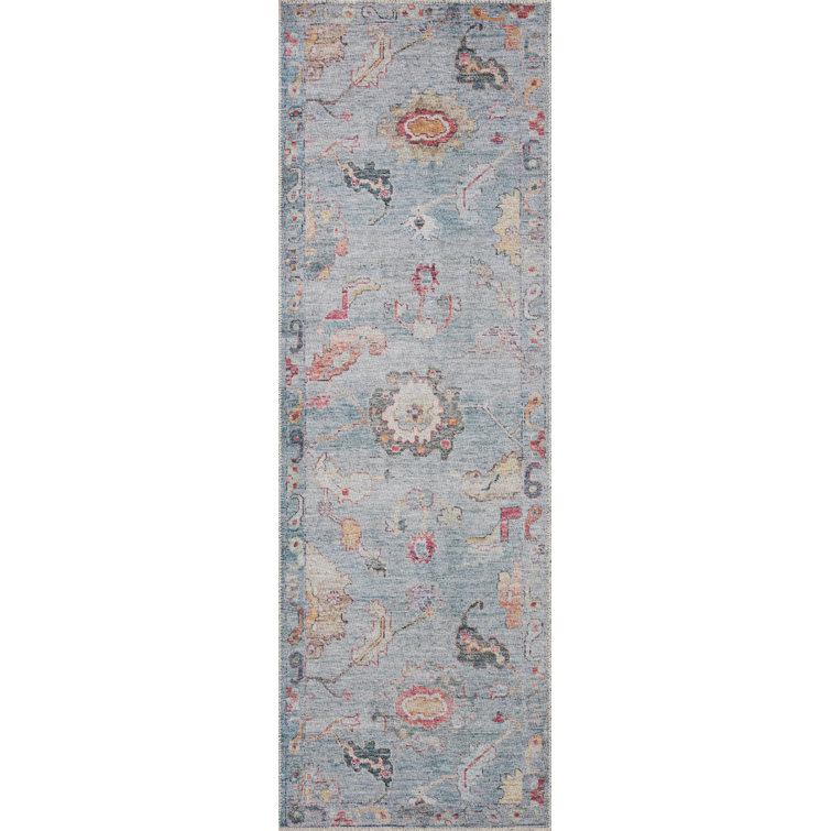 Vintage Faded Denim & Multi Oriental Runner Rug, 2'6" x 9'6"