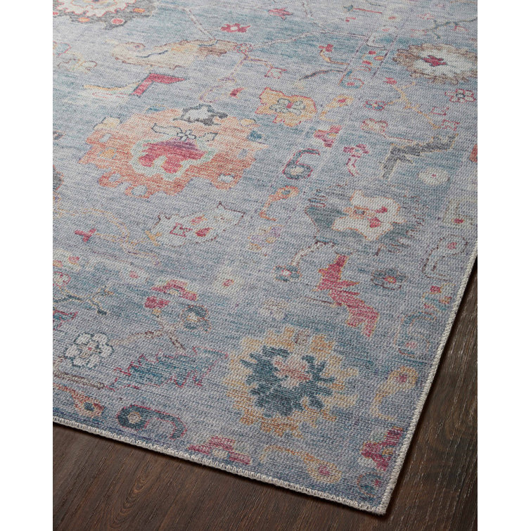 Blue Floral Oriental Synthetic Easy Care Rug 3'6" x 5'6"