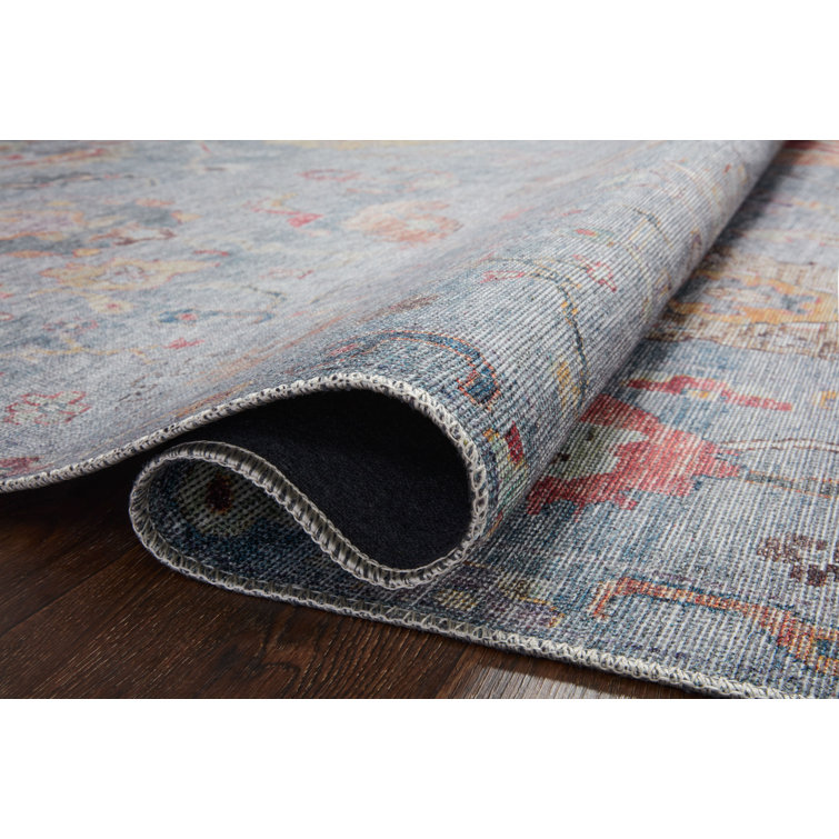 Blue Floral Oriental Synthetic Easy Care Rug 3'6" x 5'6"