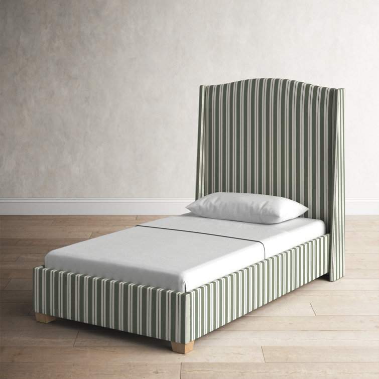 California King Green Striped Upholstered Wingback Bed