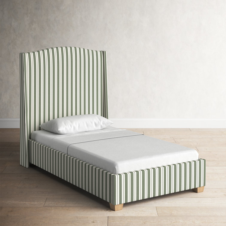 California King Green Striped Upholstered Wingback Bed