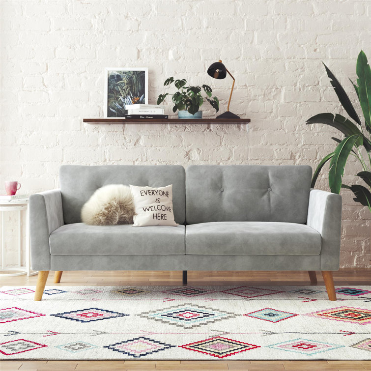 Elegant Gray Velvet Tufted Sofa with Sleek Wood Legs