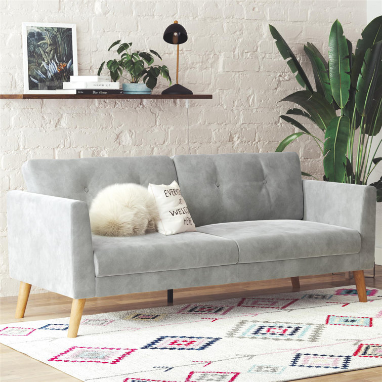 Elegant Gray Velvet Tufted Sofa with Sleek Wood Legs