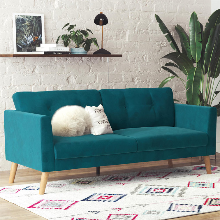 Mid-Century Boho Glam Blue Velvet Tufted Sofa