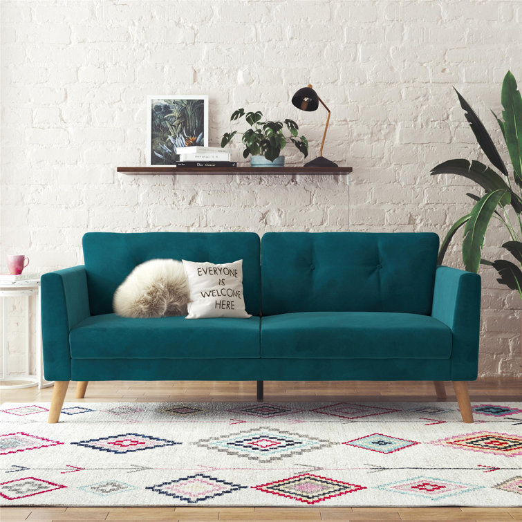 Mid-Century Boho Glam Blue Velvet Tufted Sofa