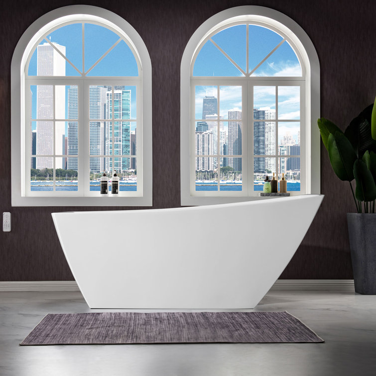 White Acrylic Freestanding Single Slipper Soaking Tub with Brushed Nickel Trim