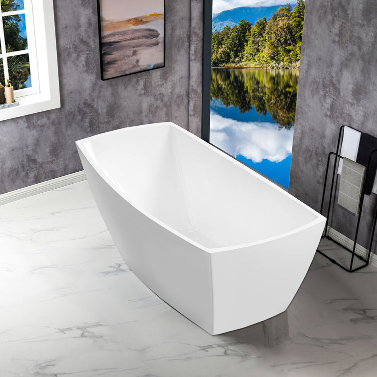White Acrylic Freestanding Single Slipper Soaking Tub with Brushed Nickel Trim