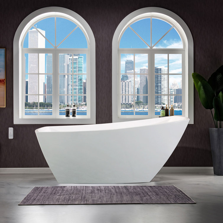 White Acrylic Freestanding Single Slipper Soaking Tub with Brushed Nickel Trim