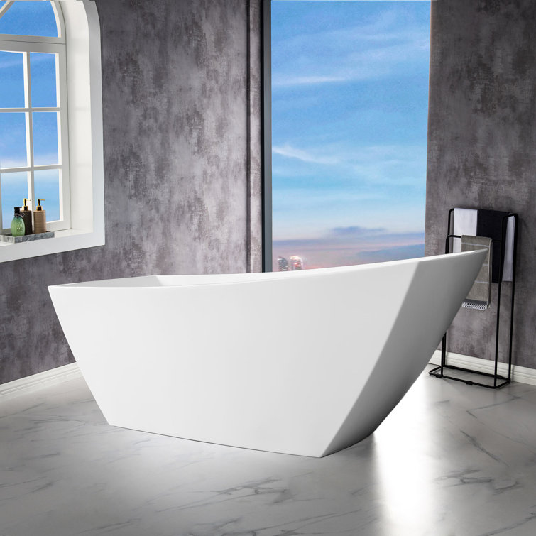 White Acrylic Freestanding Single Slipper Soaking Tub with Brushed Nickel Trim