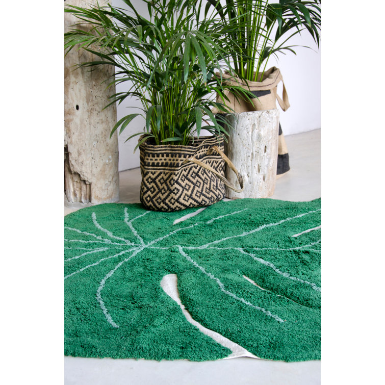 Green Monstera Leaf Hand-Knotted Cotton Area Rug