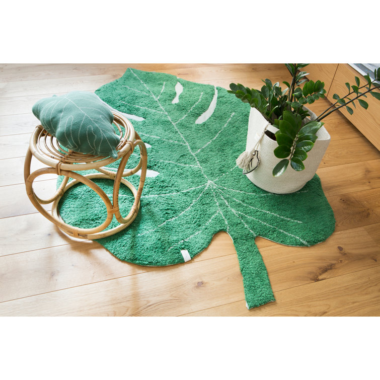 Green Monstera Leaf Hand-Knotted Cotton Area Rug