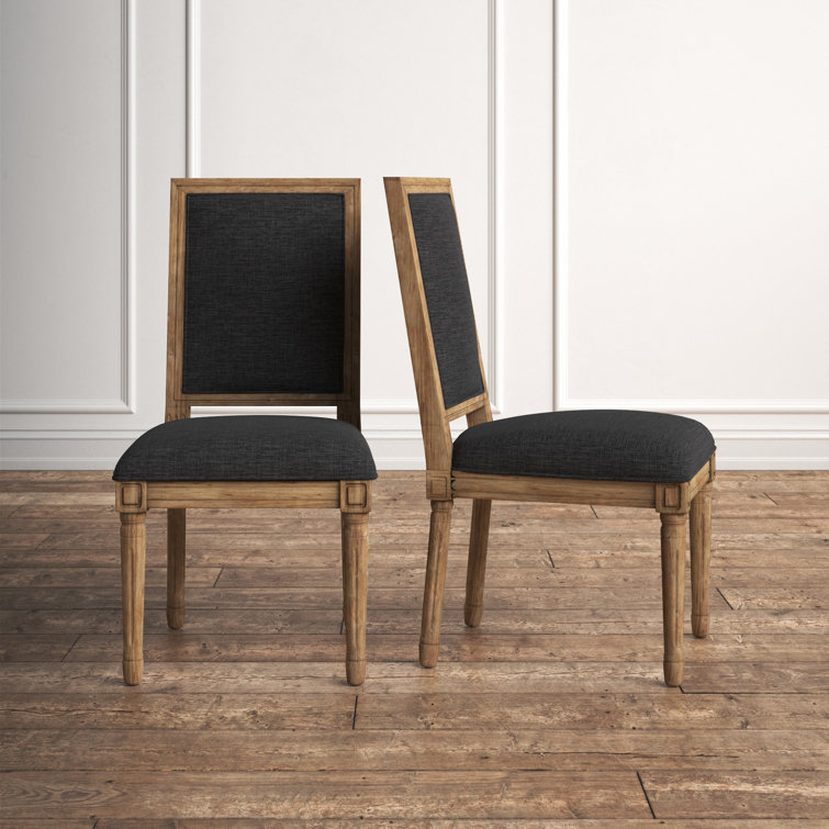 Dark Gray Linen Upholstered Dining Chair with Natural Wood Frame