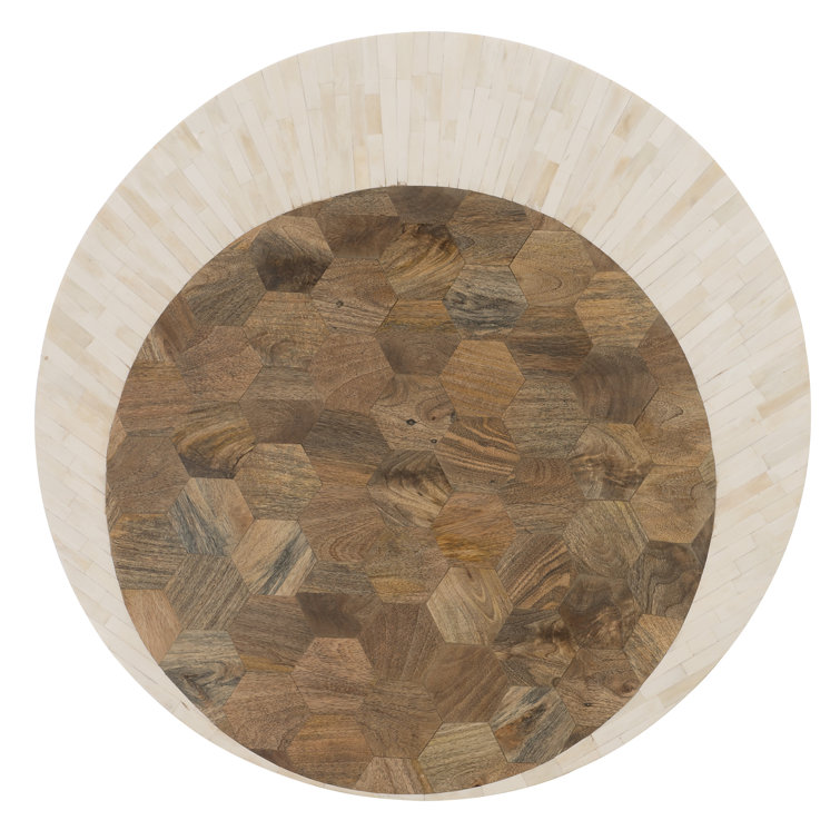 Transitional Round Gold and Beige Wood Coffee Table with Storage