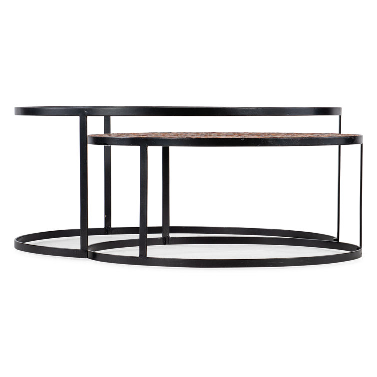 Beige and Black Round Wood and Metal Nesting Coffee Table Set