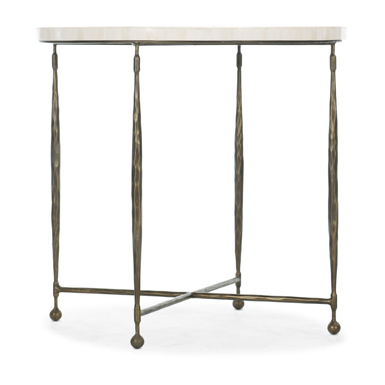 Beige and Gold Round Stone Metal End Table