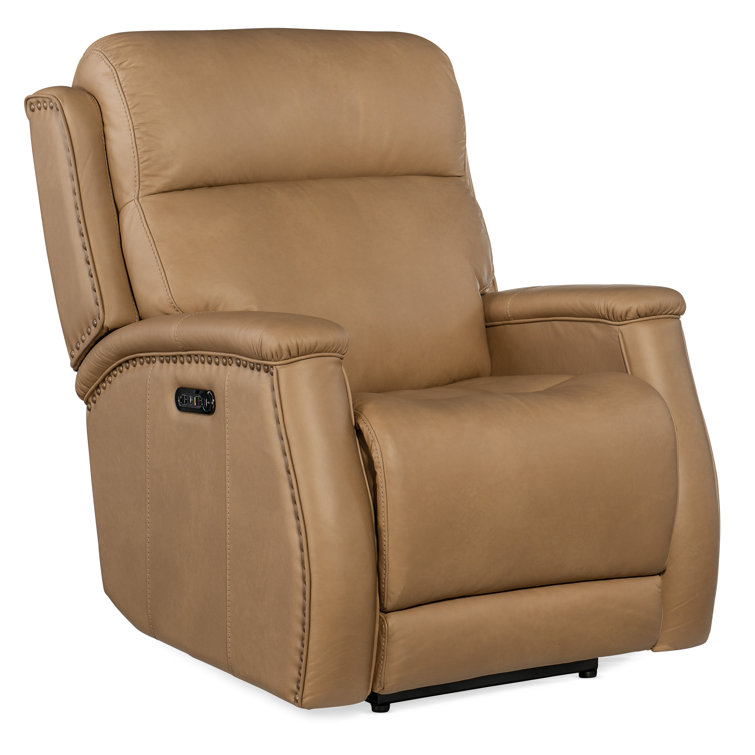 Sahara Sand Leather Power Recliner with Nailhead Trim