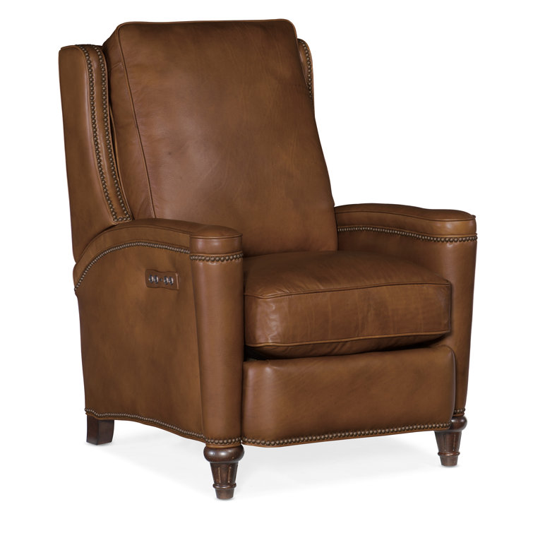 Handcrafted Beige Leather and Wood Traditional Recliner