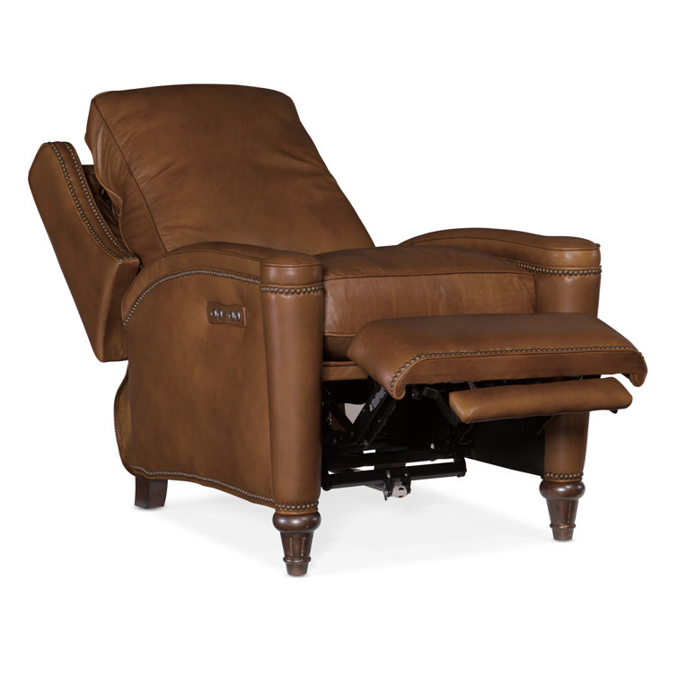 Handcrafted Beige Leather and Wood Traditional Recliner
