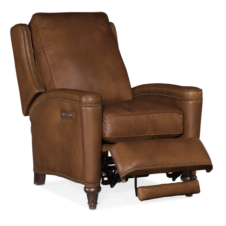 Handcrafted Beige Leather and Wood Traditional Recliner