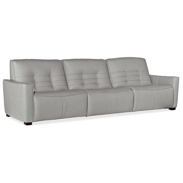 Gray Tufted Leather Reclining Sofa with Track Arms and Nailhead Trim