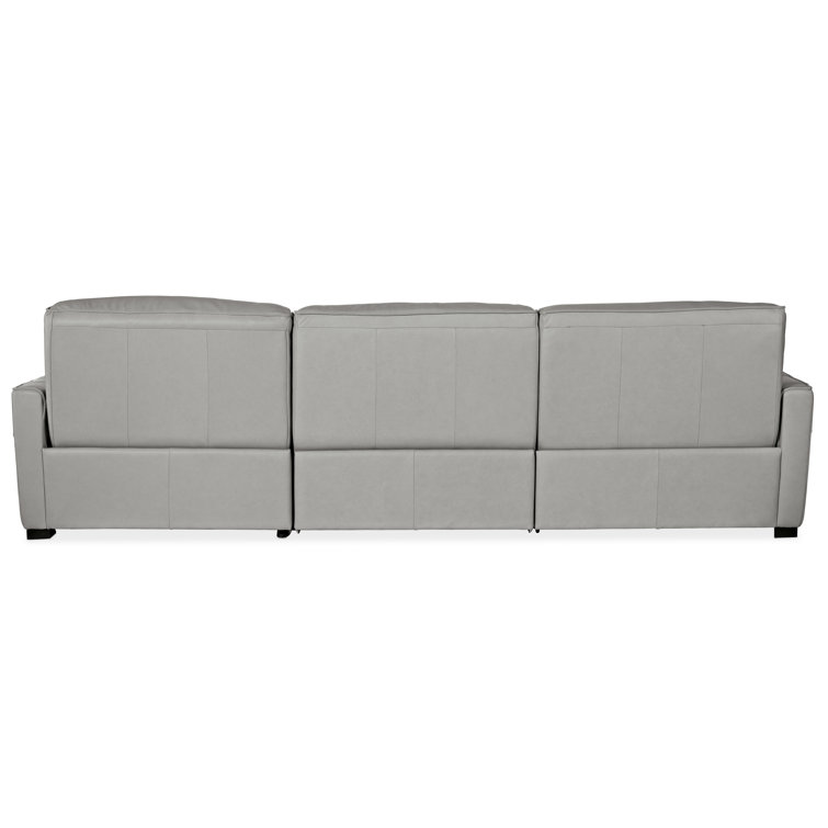 Gray Tufted Leather Reclining Sofa with Track Arms and Nailhead Trim