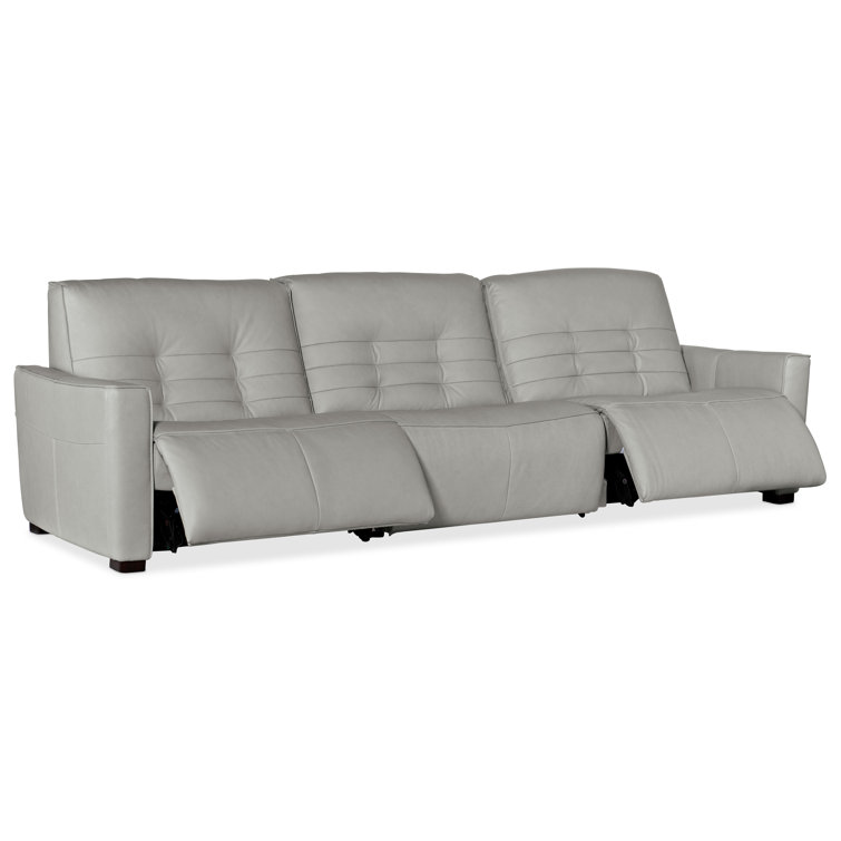 Gray Tufted Leather Reclining Sofa with Track Arms and Nailhead Trim