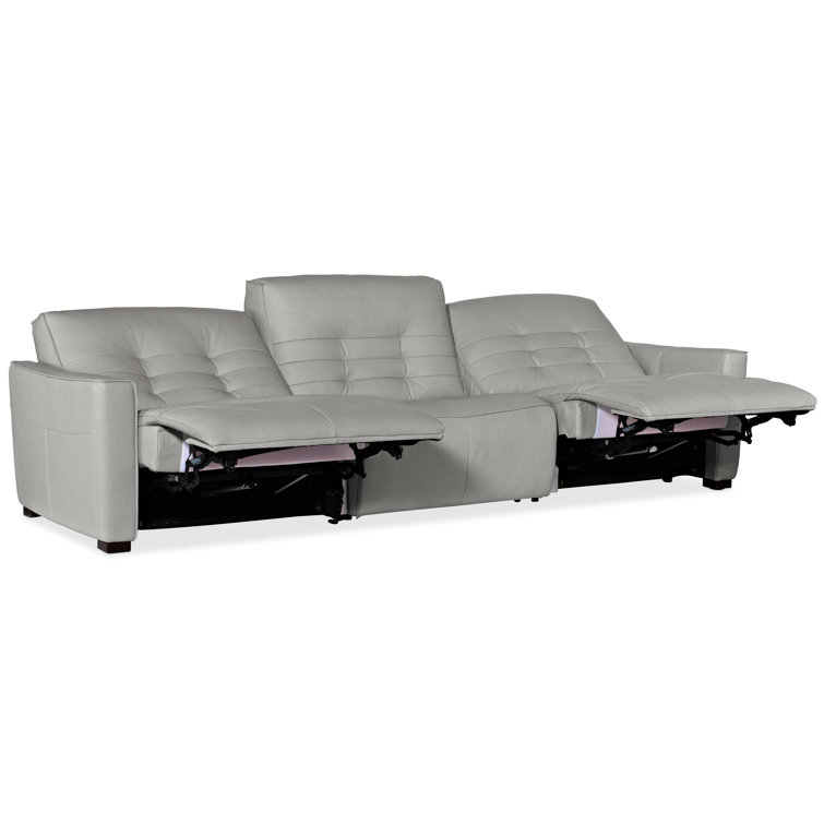 Gray Tufted Leather Reclining Sofa with Track Arms and Nailhead Trim