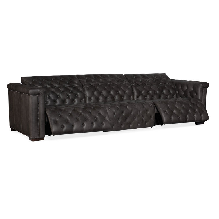 Gray Tufted Leather Power Reclining Sectional Sofa