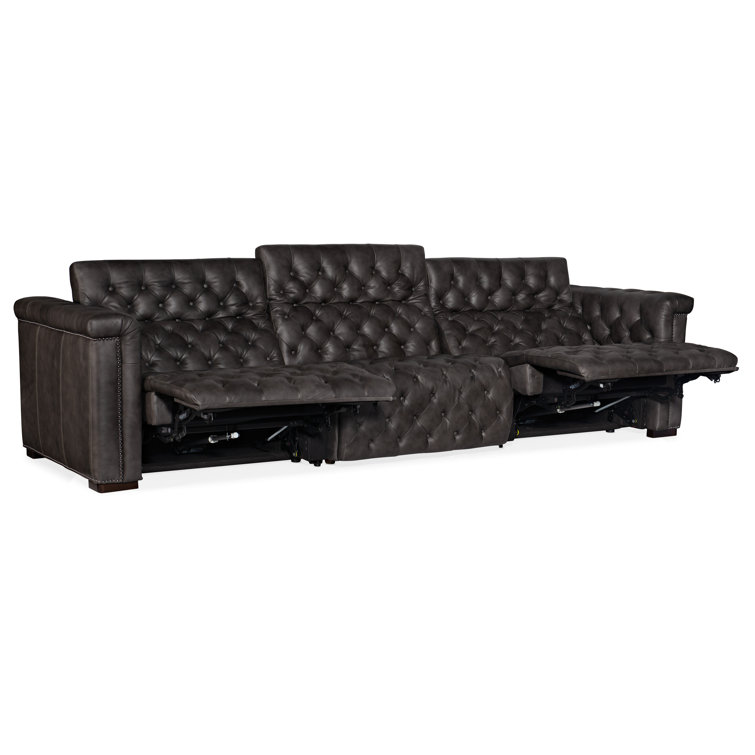 Gray Tufted Leather Power Reclining Sectional Sofa