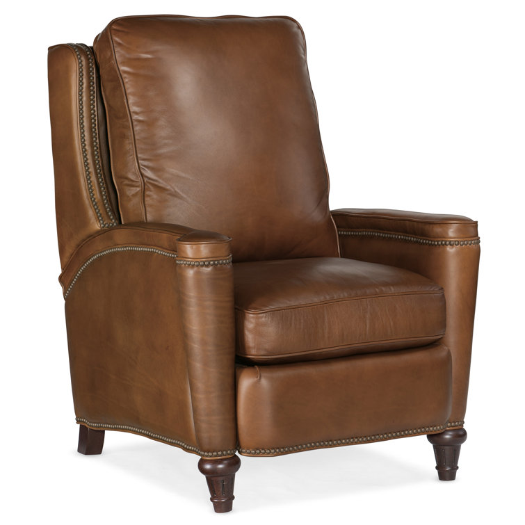 Handcrafted Beige Leather and Wood Traditional Recliner