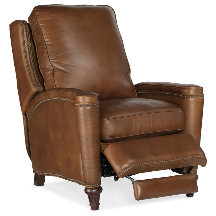 Handcrafted Beige Leather and Wood Traditional Recliner