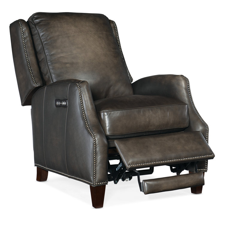 Sarzana Castle Gray Genuine Leather Power Recliner with Dark Wood Finish
