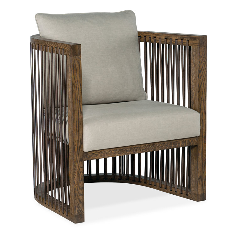 Taupe Beige Barrel Chair with Leather Strapping