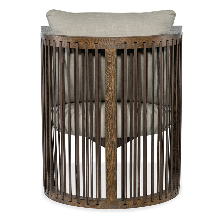 Taupe Beige Barrel Chair with Leather Strapping