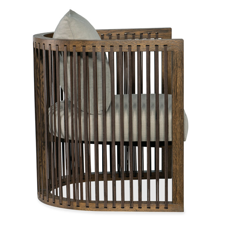 Taupe Beige Barrel Chair with Leather Strapping