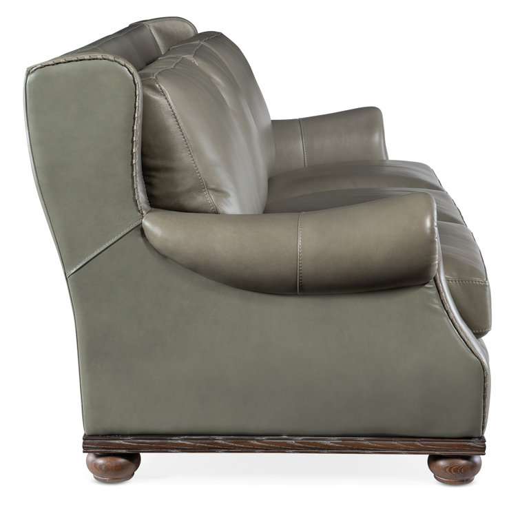 Derrick Gray Leather Sofa with Dark Wood Finish