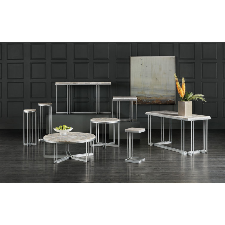Contemporary Round Silver Metal and Stone Lamp Table