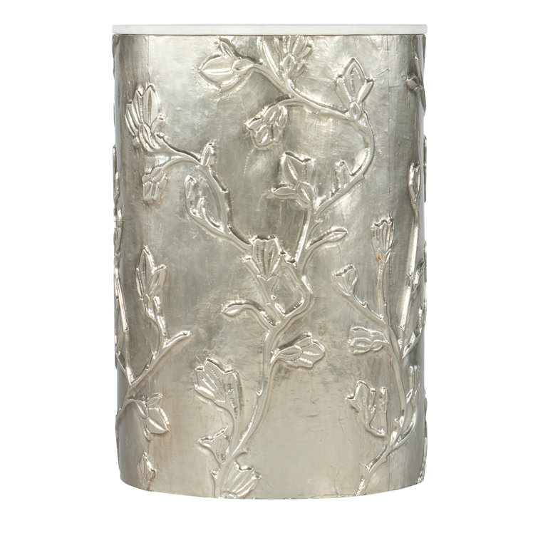 Transitional 18'' Silver and White Round Wood & Stone End Table
