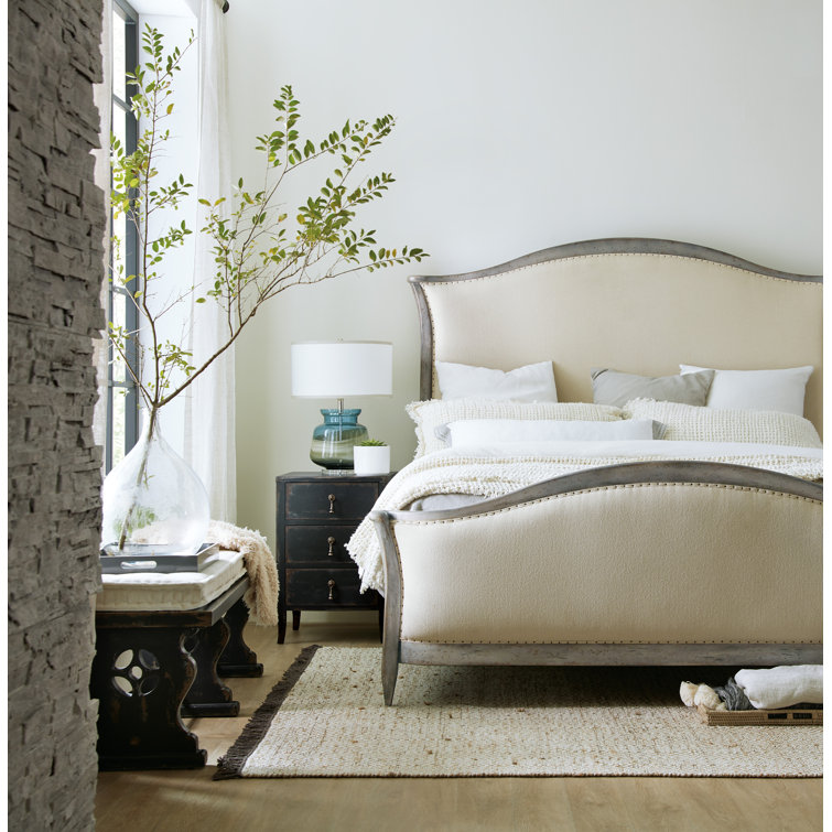 Tuscan White and Gray King Upholstered Bed with Nailhead Trim