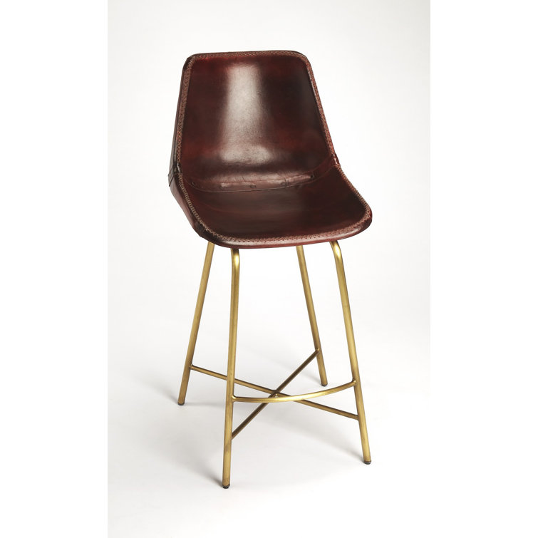 Vintage Brown Leather Bar Stool with Antique Gold Iron Base