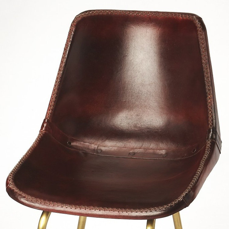 Vintage Brown Leather Bar Stool with Antique Gold Iron Base