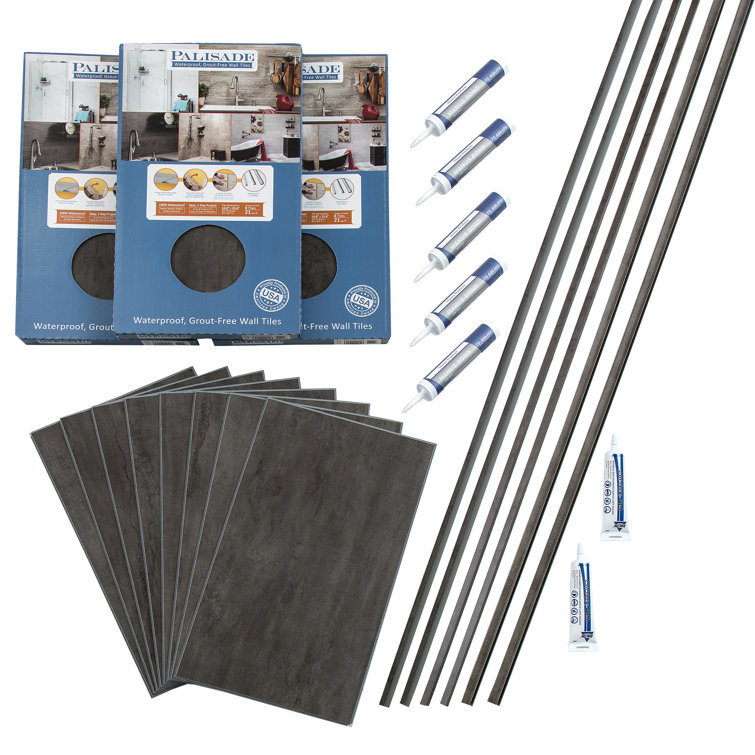 Ashen Slate Gray Vinyl Tile Shower Kit with Interlocking Design