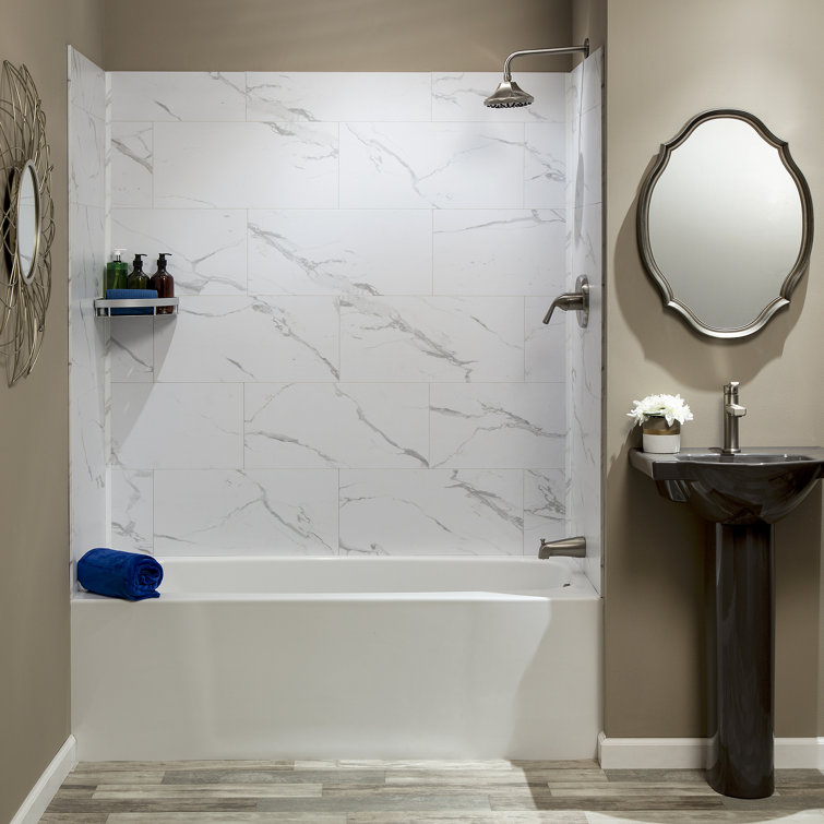 Carrara Marble Vinyl Tile Shower Kit with Interlocking Design