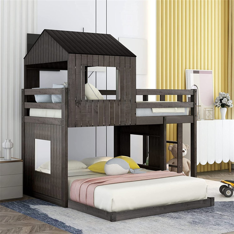 Rustic Gray Pinewood Twin Over Full Loft Bunk Bed with Drawers