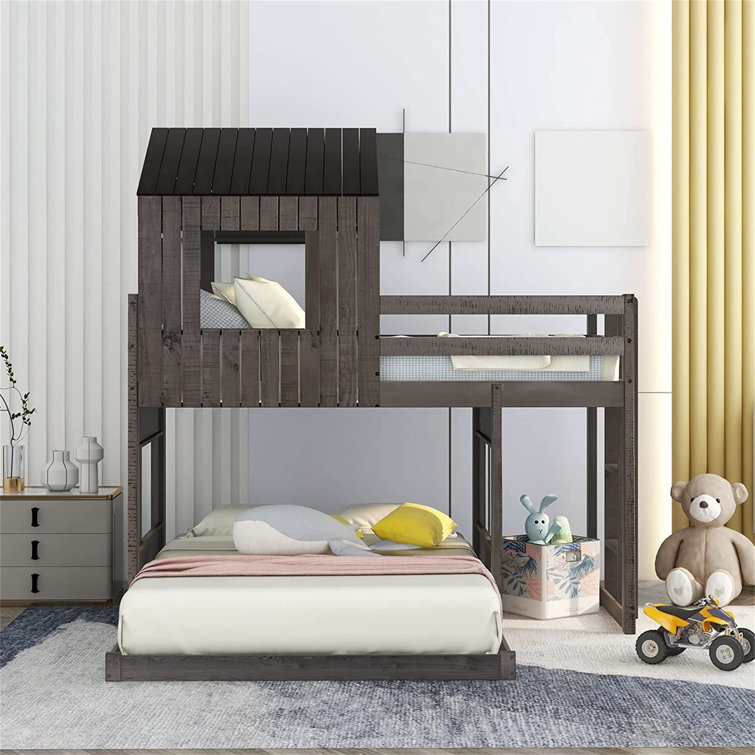 Rustic Gray Pinewood Twin Over Full Loft Bunk Bed with Drawers